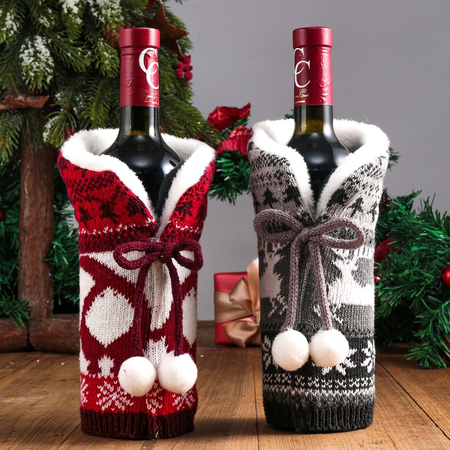 Knitted red wine set with wool balls Christmas decoration atmosphere supplies home holiday wine bottle set