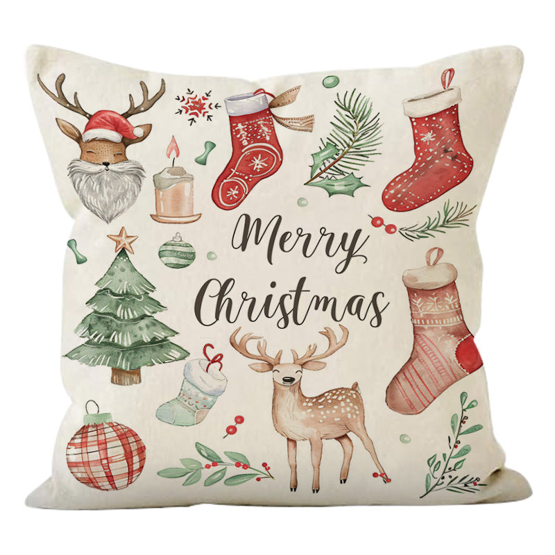 Christmas Socks Printed Pillow Cover Christmas Reindeer Linen Pillowcase Living Room Bedroom Decoration