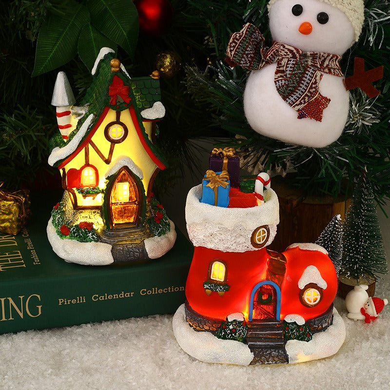 New Christmas decorations resin big house with music glowing house Christmas boots gift