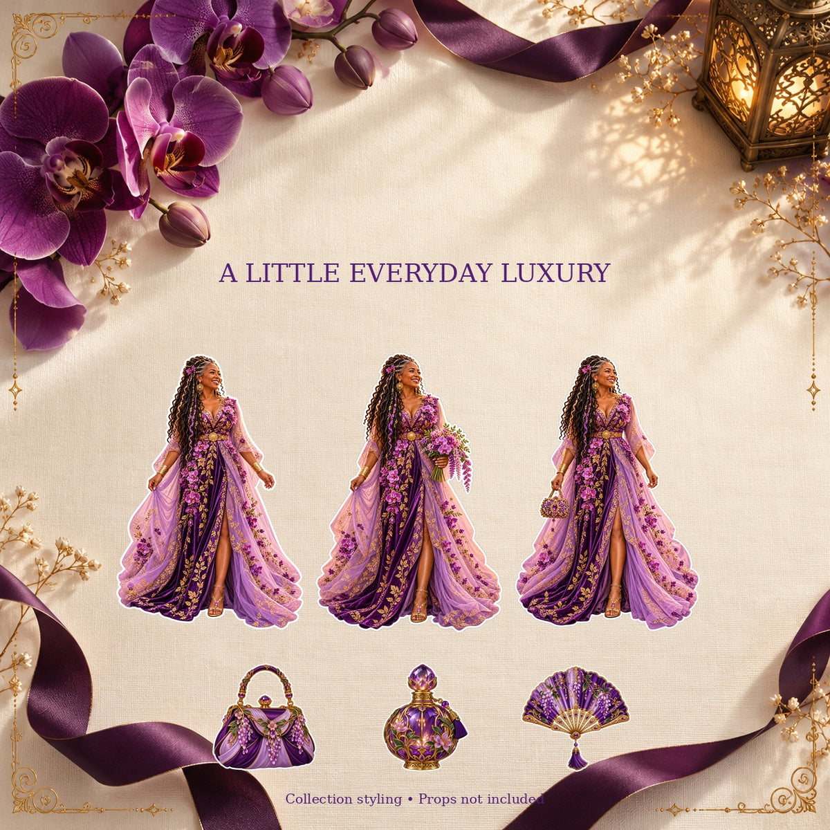 Purple couture dolls and coordinating luxury accessories in an orchid and gold stationery scene
