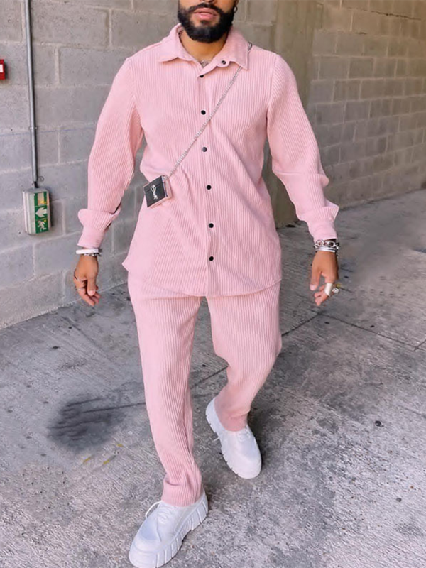 Men's Pink Long Sleeve Corduroy Pants Suit
