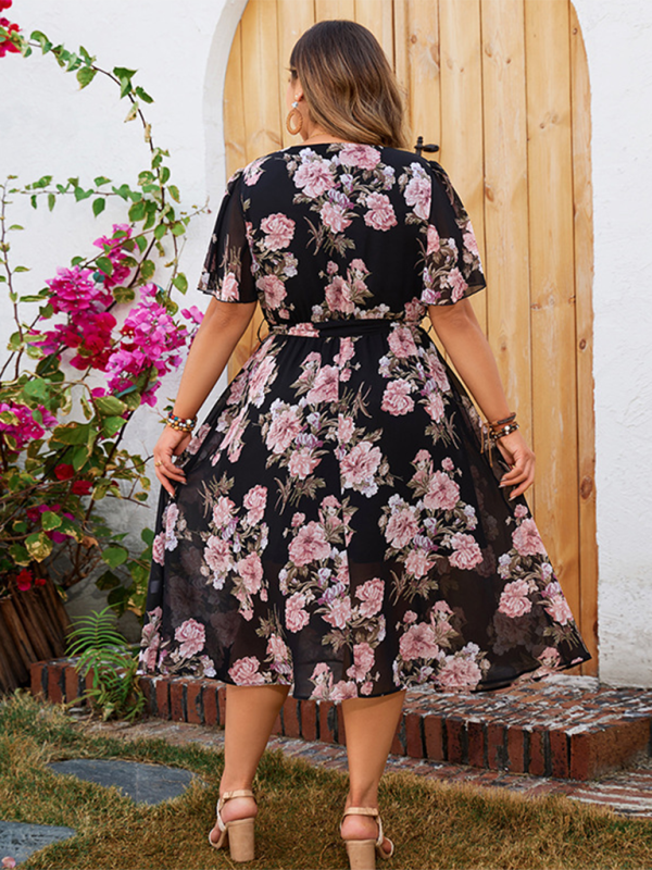 Midnight Rose V-neck Plus Size Fluttering Sleeves Waisted Midi Dress