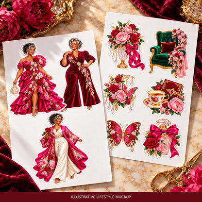 Crystal Bloom Royale Vibrant Edition — illustrative luxury mockup of three couture dolls and six decorative stickers.
