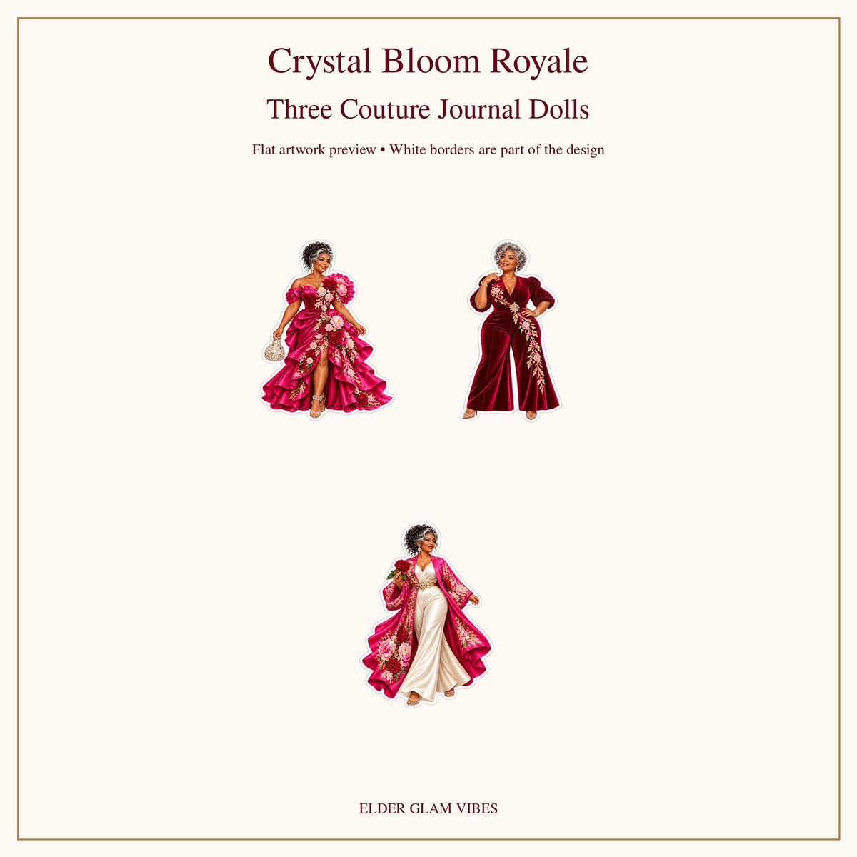 Three mature couture journal doll sticker designs — flat artwork preview.