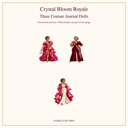 Three mature couture journal doll sticker designs — flat artwork preview.