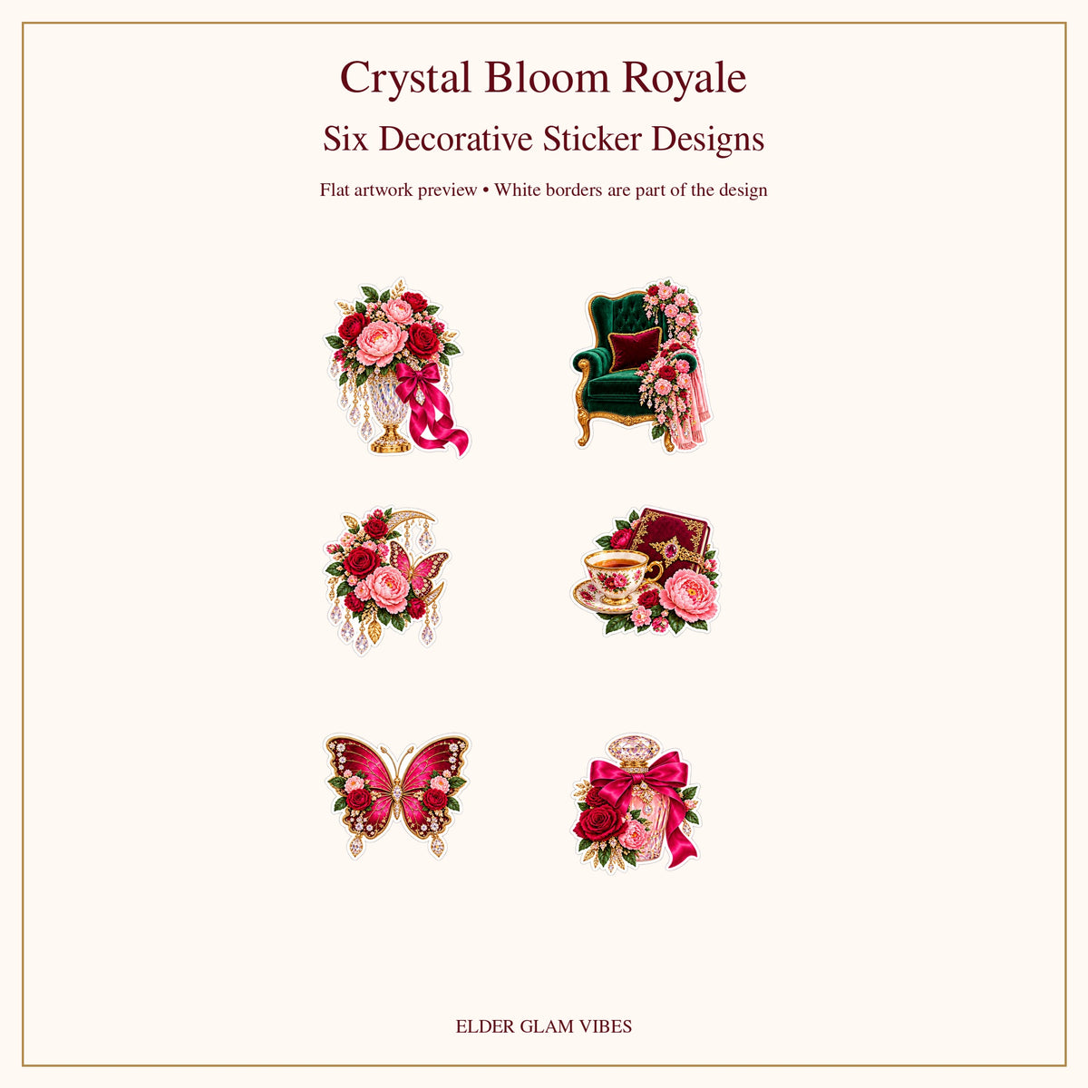 Six vibrant floral and luxury decor sticker designs — flat artwork preview.