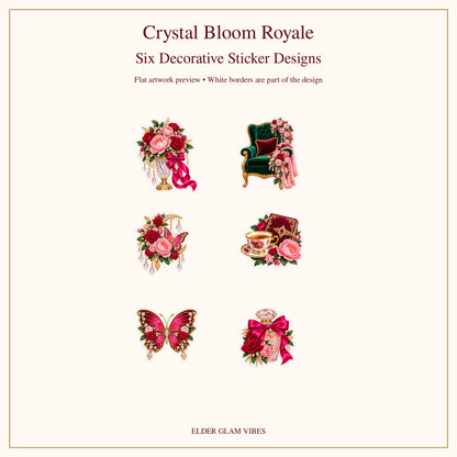 Six vibrant floral and luxury decor sticker designs — flat artwork preview.