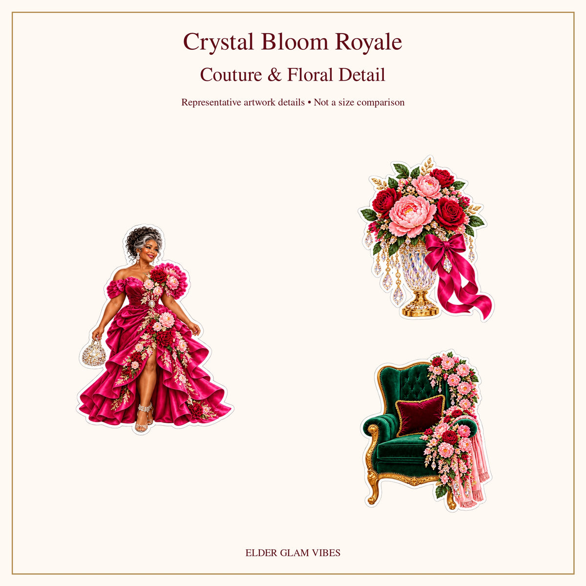Crystal Bloom Royale couture and floral artwork details.