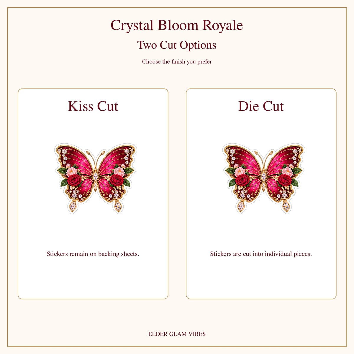Kiss Cut retains stickers on backing sheets; Die Cut supplies individually cut pieces.