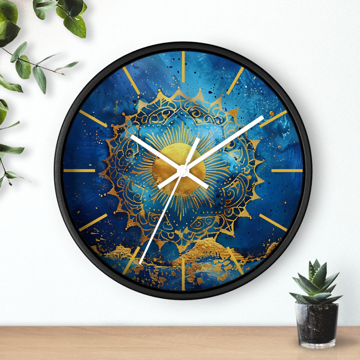 Golden Indigo Radiance Geometric Wall Clock