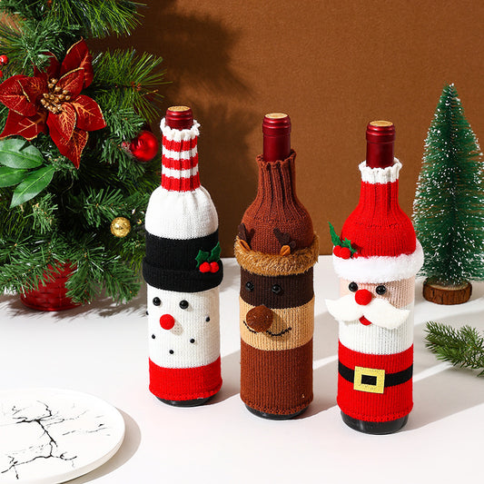 Christmas Decoration Wine Bottle Set Cartoon Knitted Elderly Snowman Wine Set Christmas Restaurant Atmosphere Decoration Decoration
