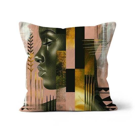 Echoes of Life: Afrocentric Peach and Gold Abstract Art Eclectic  Cushion