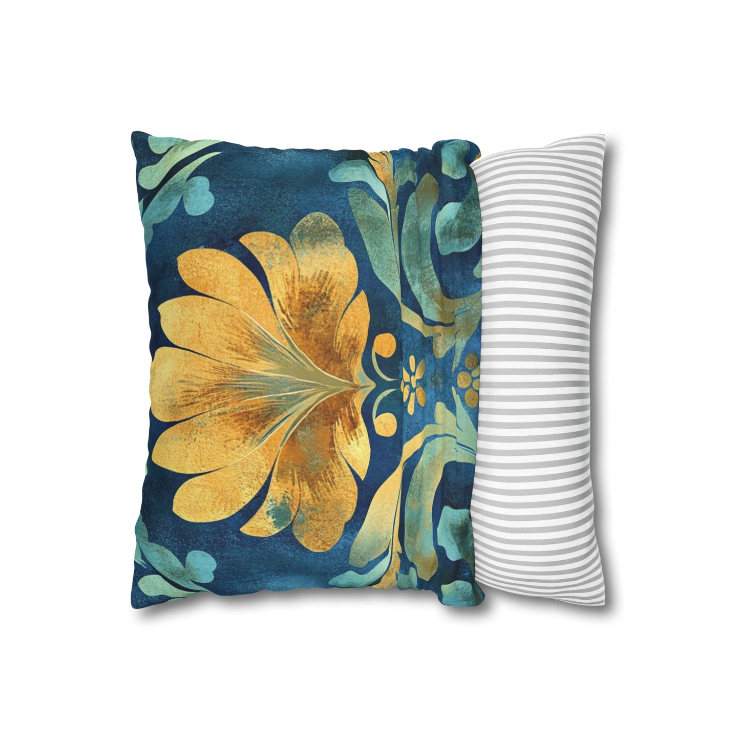 Golden Daffodil Blue Polyester Square Pillowcase