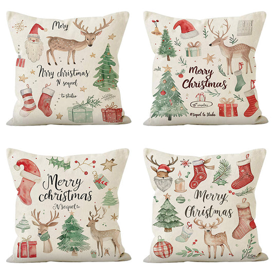 Christmas Socks Printed Pillow Cover Christmas Reindeer Linen Pillowcase Living Room Bedroom Decoration
