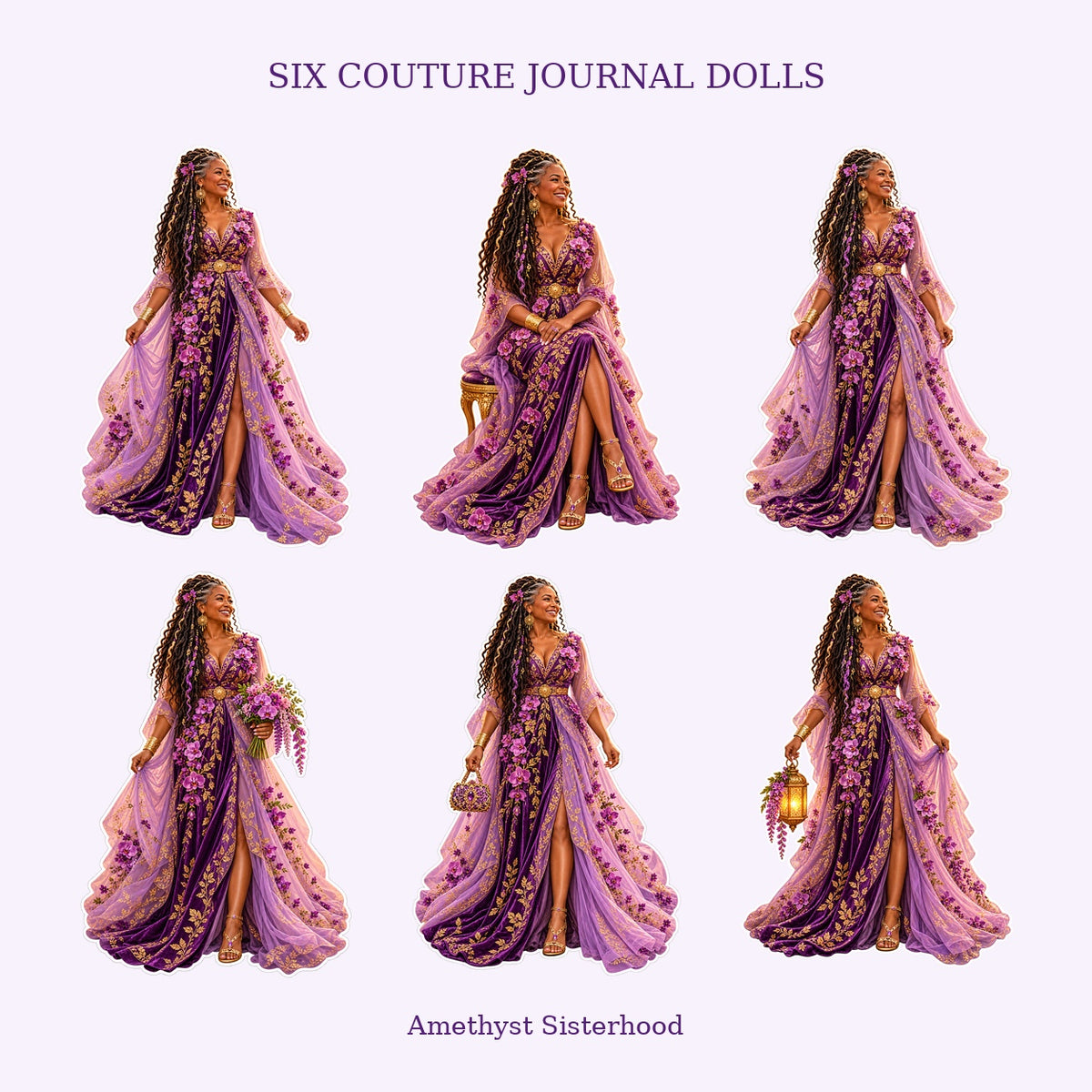 All six Amethyst Sisterhood couture journal doll sticker designs