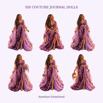 All six Amethyst Sisterhood couture journal doll sticker designs