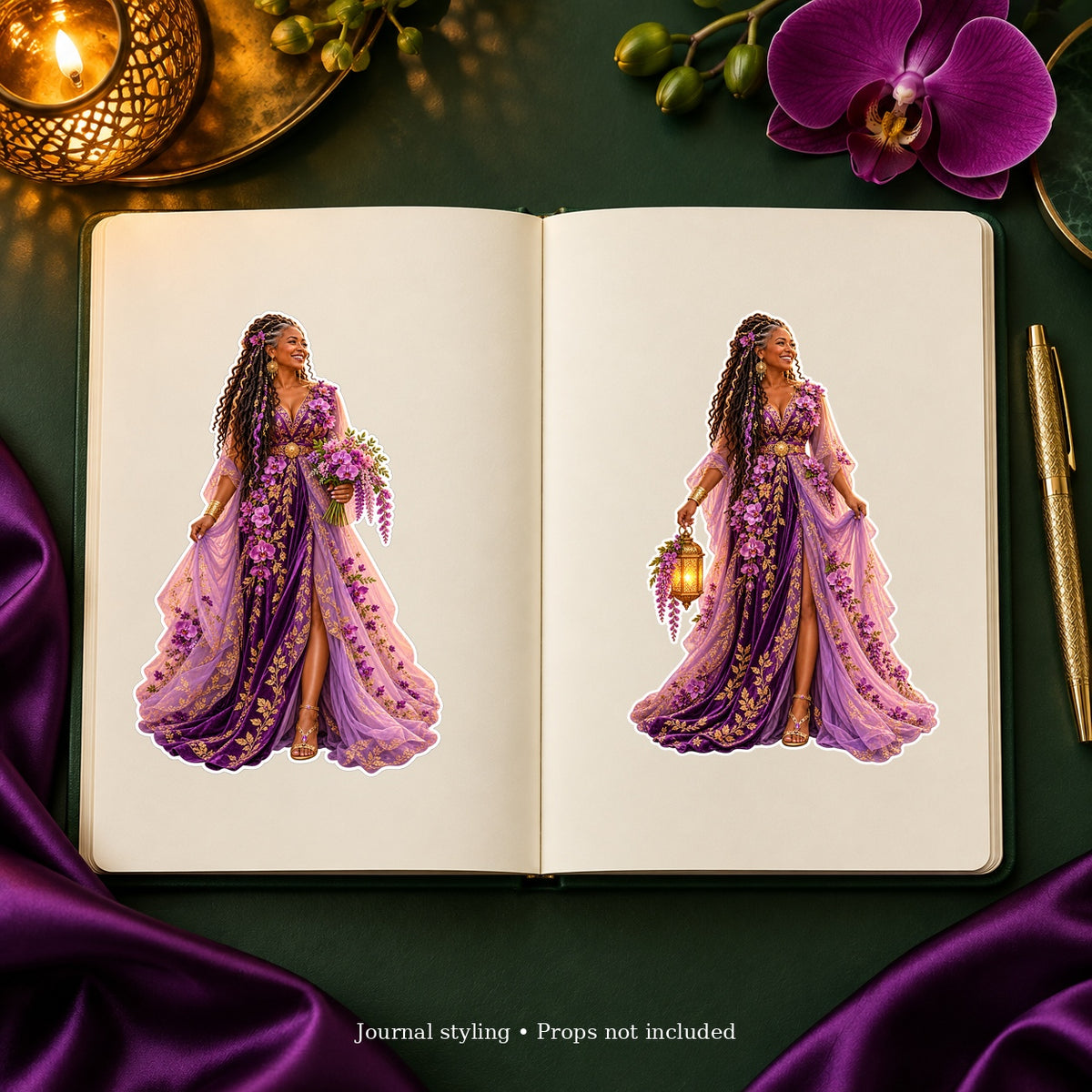 Two Amethyst Sisterhood journal dolls styled on journal pages; props not included