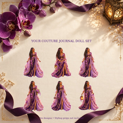 Six Amethyst Sisterhood journal dolls in a luxury orchid stationery presentation
