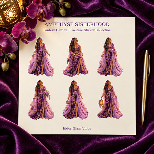 Six Amethyst Sisterhood journal dolls styled on purple velvet with orchids