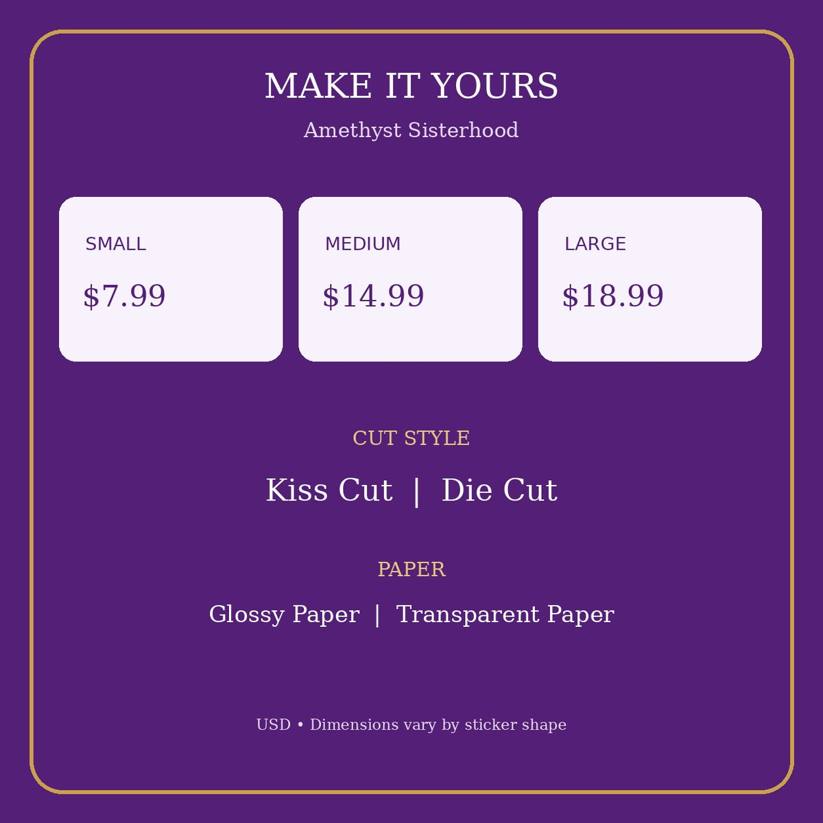 Size, paper, cut style and USD price options