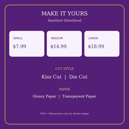 Size, paper, cut style and USD price options