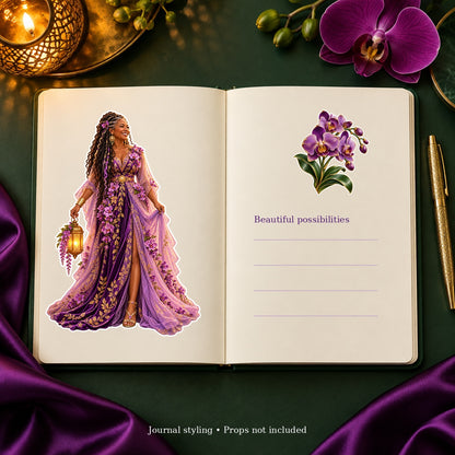Amethyst Sisterhood lantern doll and orchid stickers styled in an open journal; props not included