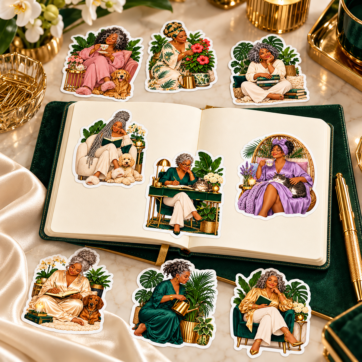 Illustrative lifestyle mockup of Botanical Luxe stickers styled on and around an open journal on an emerald and ivory desk; props not included.