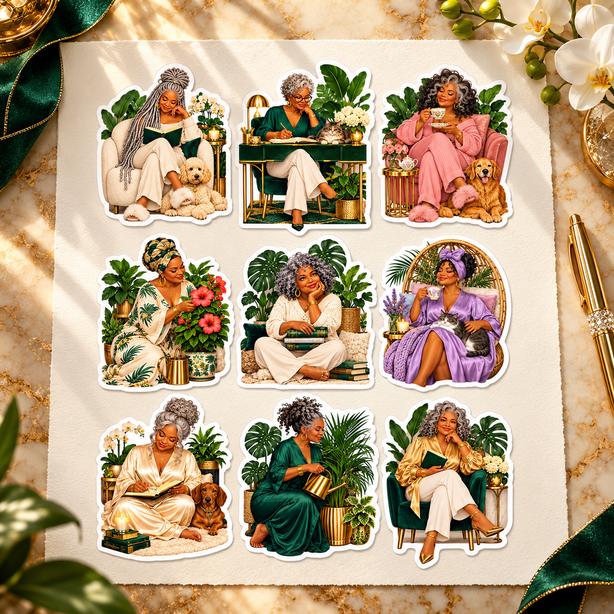 Illustrative mockup of nine Botanical Luxe white-border stickers on ivory paper with emerald velvet, gold accents and orchids.