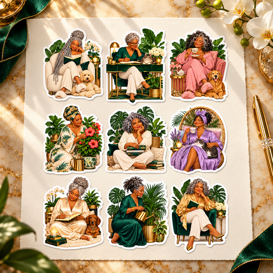 Illustrative mockup of nine Botanical Luxe white-border stickers on ivory paper with emerald velvet, gold accents and orchids.