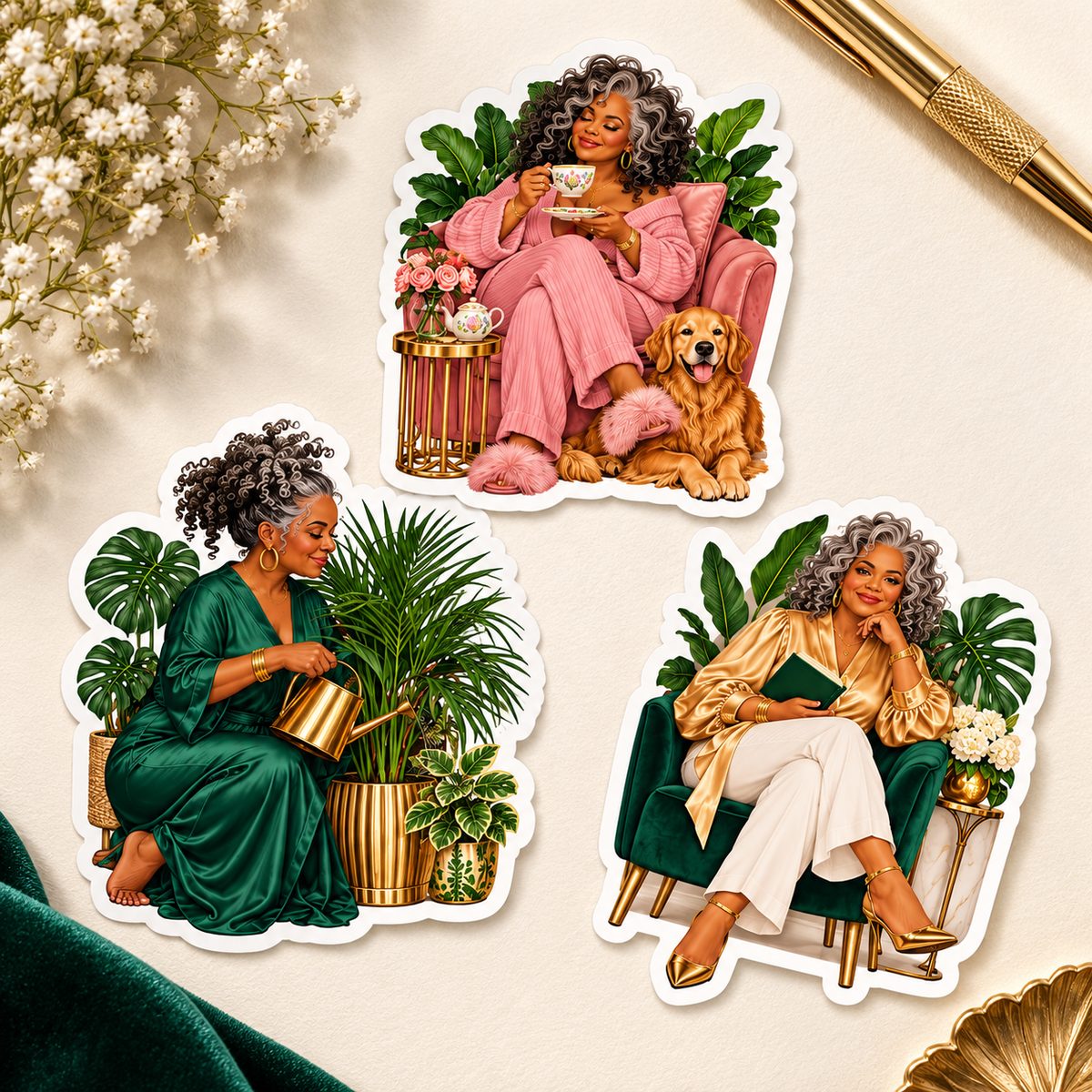 Illustrative detail mockup of three Botanical Luxe sticker designs with mature Black women, plants and a golden retriever on ivory paper.