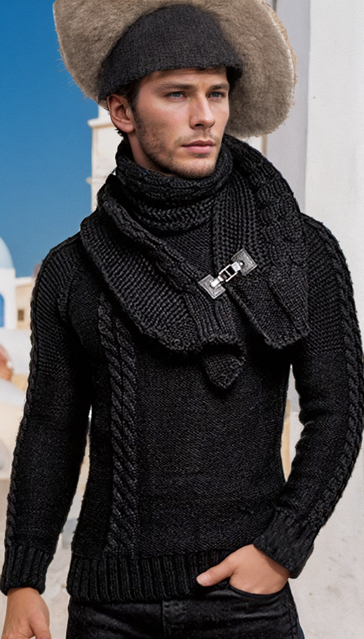 Men's fashionable scarf pullover solid color twist knitted sweater top