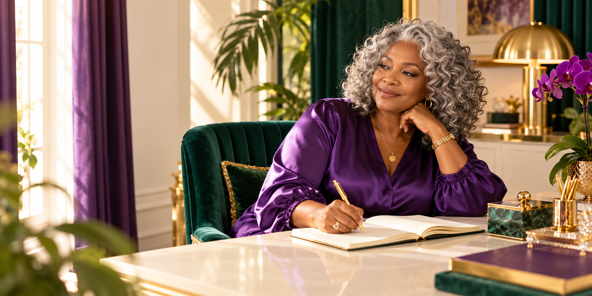 A mature Black woman in royal purple silk journals at an ivory desk beside emerald velvet and gold accents.