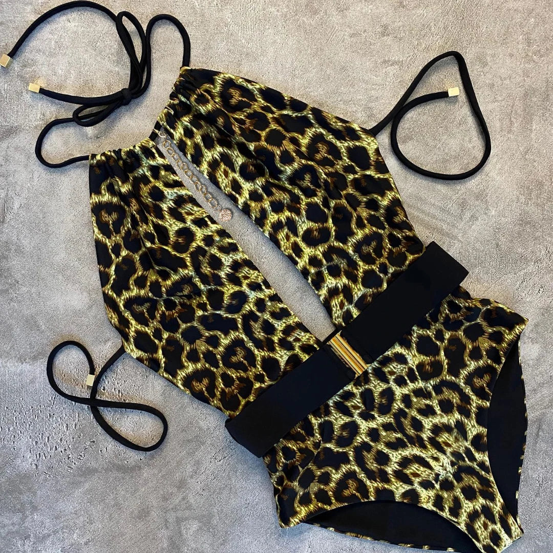 Deep-V Halter Neck Leopard Printed One Piece Swimsui