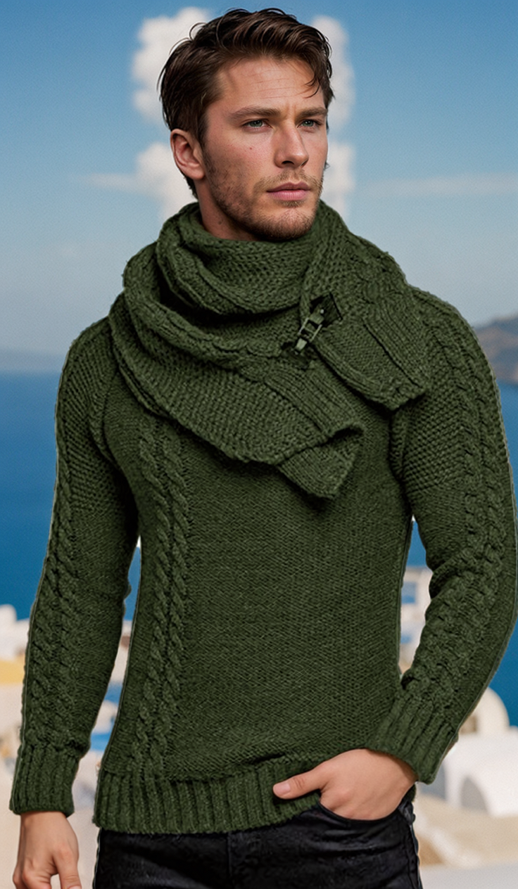 Men's fashionable scarf pullover solid color twist knitted sweater top