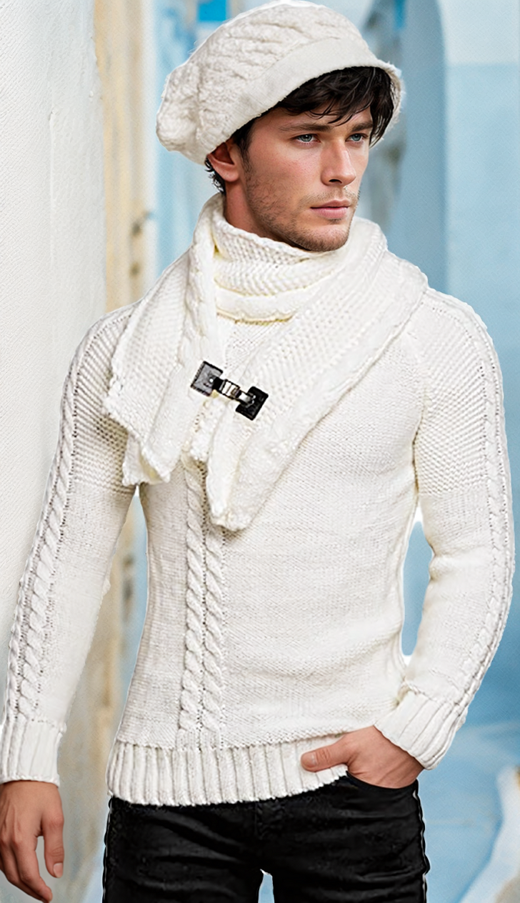 Men's fashionable scarf pullover solid color twist knitted sweater top