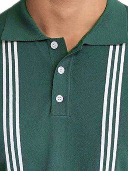 Green Striped Short Sleeve Slim Fit Golf Polo Shirt