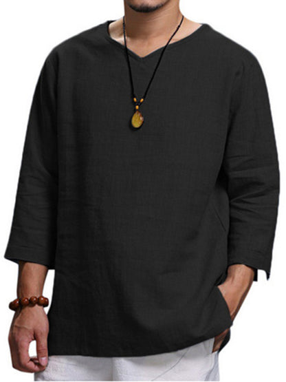 Men's Long Sleeve V Neck Cotton Linen Loose Shirt