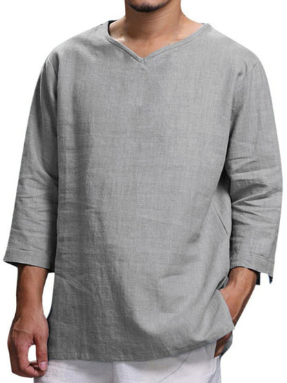 Men's Long Sleeve V Neck Cotton Linen Loose Shirt