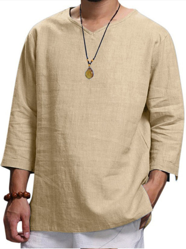 Men's Long Sleeve V Neck Cotton Linen Loose Shirt