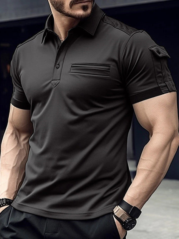 Men's Solid Color Pocketed Muscle Sports Polo Shirt