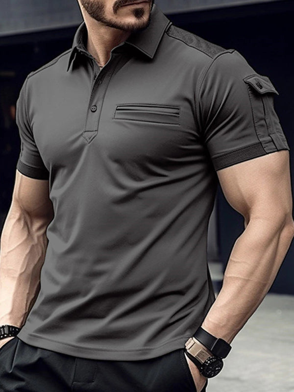 Men's Solid Color Pocketed Muscle Sports Polo Shirt