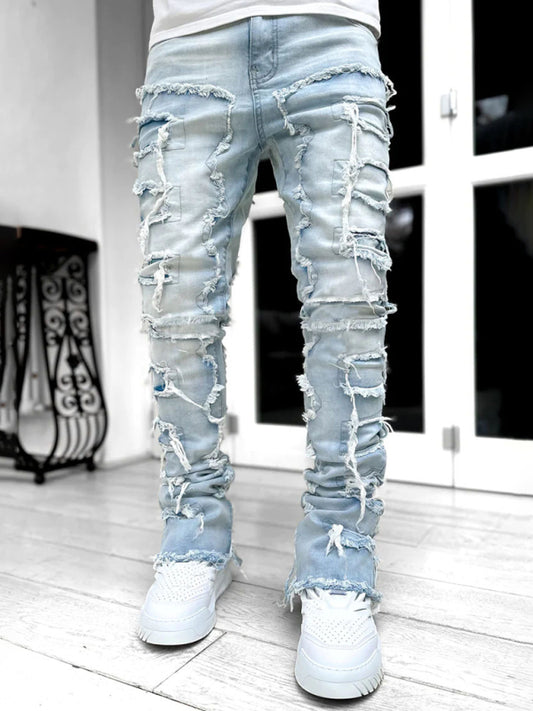 Men's Stretch Patch Denim Jeans Straight Pants