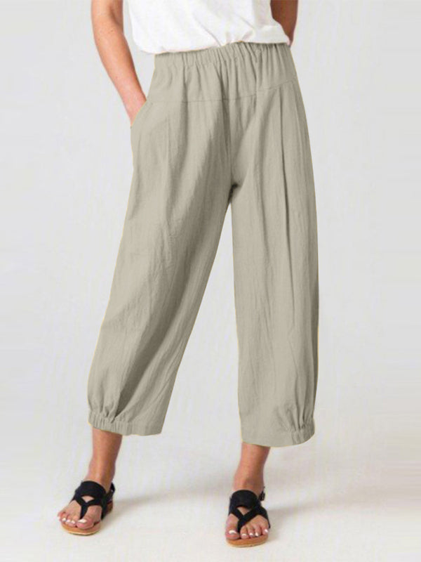 Loose Harem Pants High Waist Cotton Linen Cropped Pants Wide Leg Women's Pants