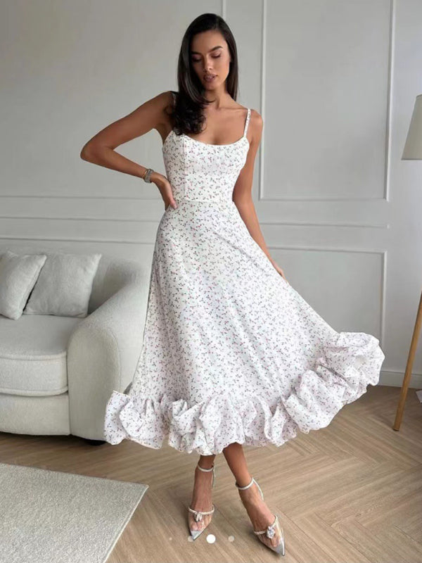 Elegant A-line Skirt Ruffled Hem Sundress for Women