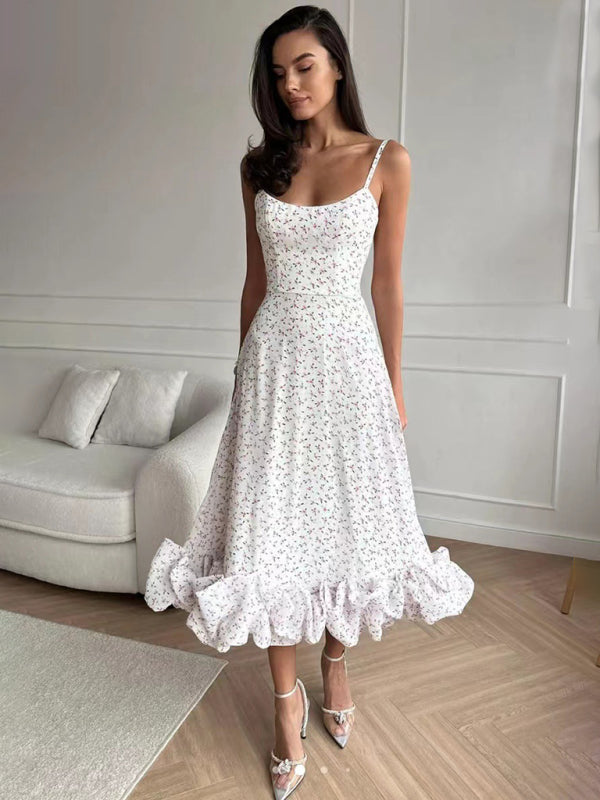 Elegant A-line Skirt Ruffled Hem Sundress for Women