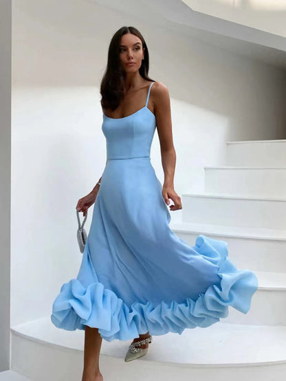 Elegant A-line Skirt Ruffled Hem Sundress for Women