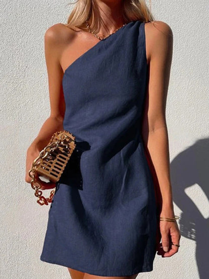 New casual solid color slant shoulder dress