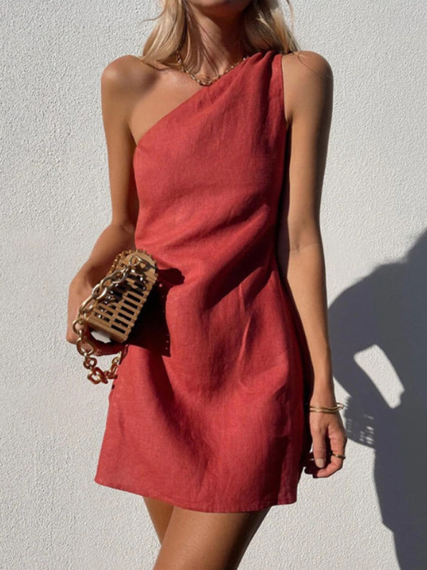 New casual solid color slant shoulder dress