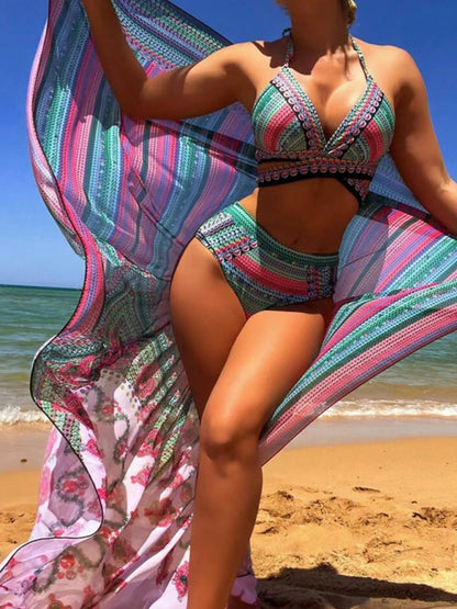 High Waist Bikini Set with Digital Print & Matching Beach Shawl - 3 Piece Swimsuit