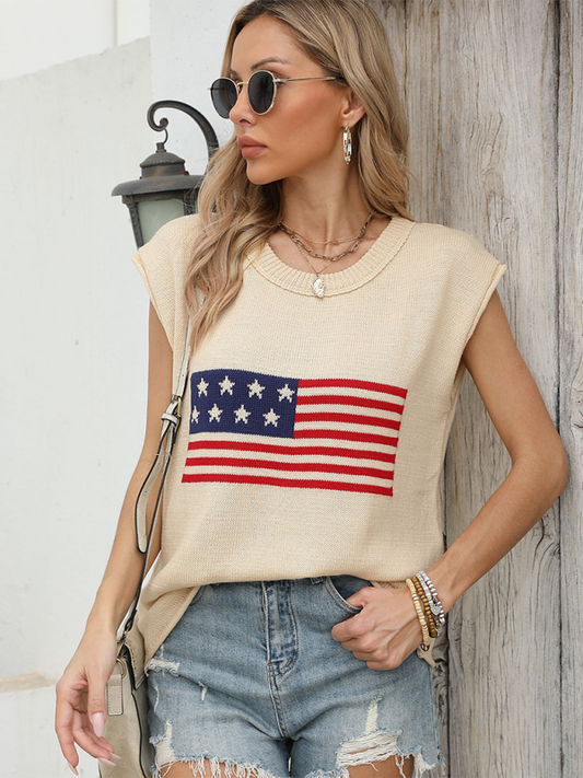 New Independence Day Round Neck Flag Knit Short Sleeve Sweater